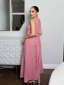 Melissa Matos Women's Summer Holiday Picnic Plaid Crew Neck Tie Waist Pocketed Sleeveless Loose Casual Dress, Suitable For Various Occasions, Casual, Commute And Travel Women Nice Dress Dresses Classy Elegant Women's Concert Attire,Graduation Dresses - Red and White - View 3