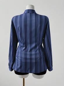 Sunspun 加大码条纹长袖修身棕色休闲衬衫，适合学校、工作、优雅场合和派对 - 藍色 - 查看 2