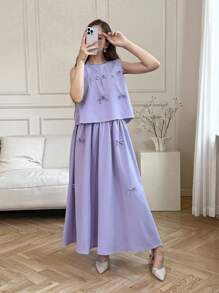 SHEIN Teen Girl Bow Decor Camisole & Mini Skirt Set - Violet Purple - View 5