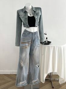 Elamini Women's Casual Straight Leg Wide Leg Button Distressed Everyday Jeans - Blue - View 6