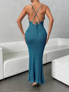 Chiquease Robe moulante en tricot à dos nu avec décoration florale 3D, sexy pour l'été - Vert - Voir 5