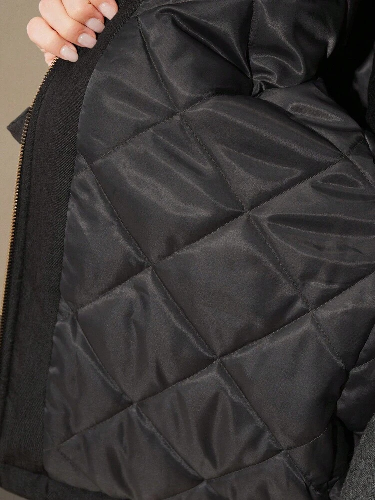 Abrigo de invierno elegante para mujer con bordado floral y decoración de strass en negro y gris denim, adecuado para otoño, invierno, salidas, eventos formales, fiestas, estilo chic, Año Nuevo, graduación