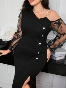 Modelyn Elegantes Kleid in Große Größen für Damen mit Schulter-Stickerei und Patchwork, figurbetont