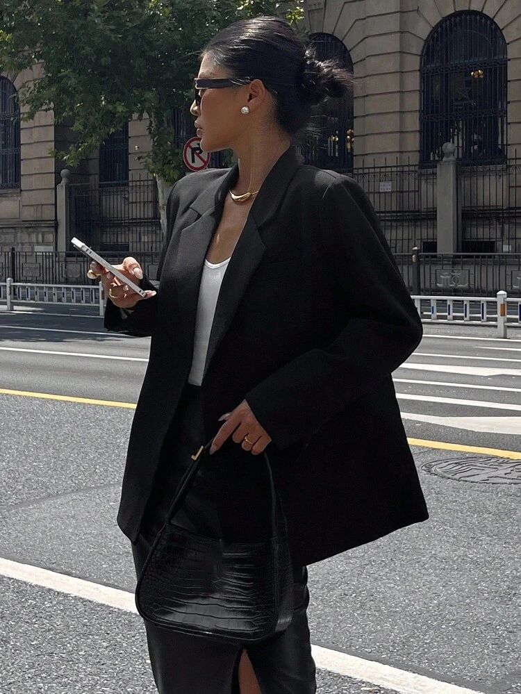 Women's Elegant Solid Color Waist Belt Blazer, Autumn Business Attire