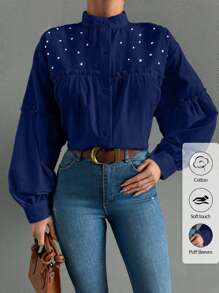 EURMUSE 100%Cotton Women's Elegant Solid Color Stand Collar Lantern Sleeve Shirt With Ruffle Trim, Rhinestone Decoration And Pleats, Spring And Summer - Navy Blue - View 6