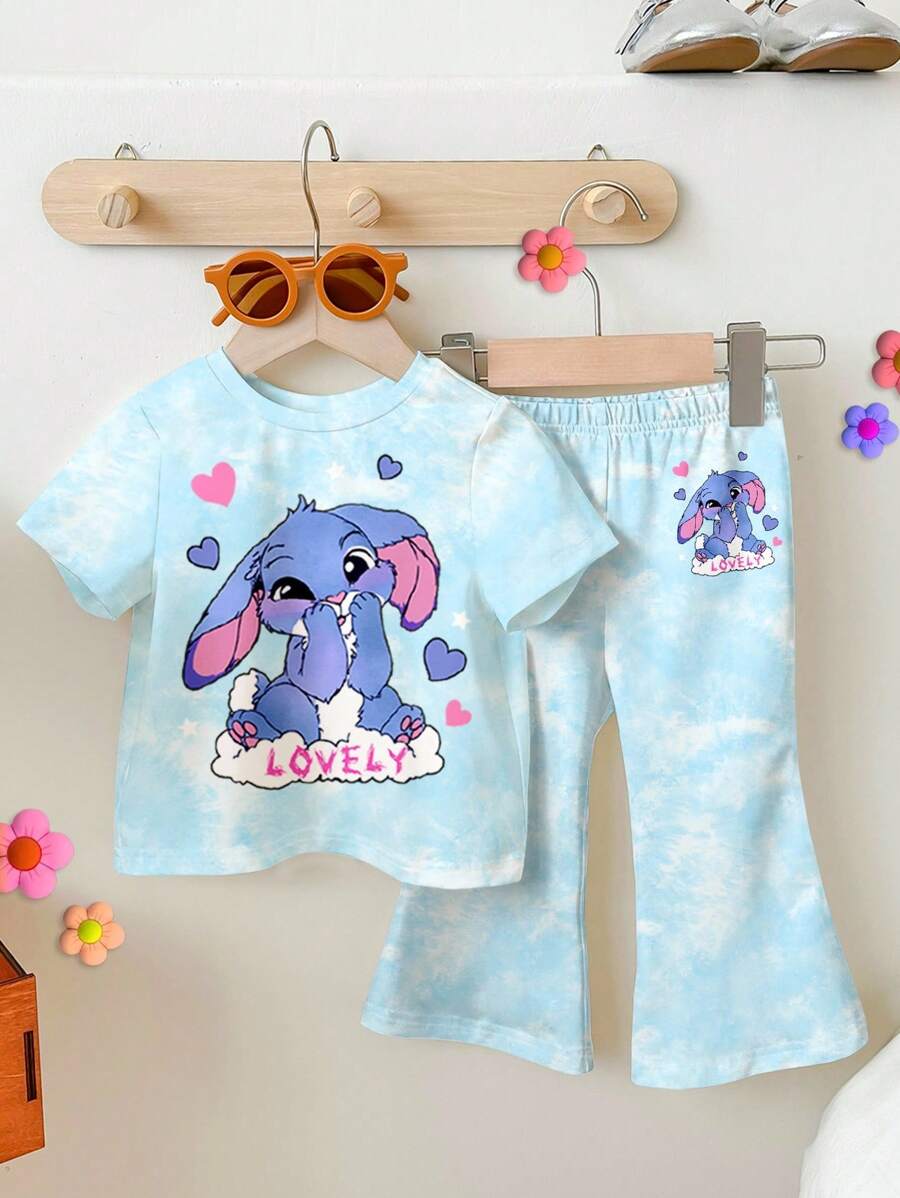SHEIN Bộ đồ cho bé gái gồm áo thun tay ngắn cổ tròn và quần ống loe kiểu dáng tối giản, họa tiết thỏ xanh hoạt hình dễ thương, nhuộm màu xanh da trời tươi mát, trang phục mùa hè thoải mái, dễ mặc, đồ nhiều lớp mùa thu cho bé gái, bé gái sành điệu, trang phục thường ngày, quần áo họa tiết cho bé gái, đi học, trang phục mùa thu, lễ hội trường. - Nhiều màu - Xem 1