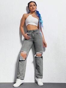 EURMUSE Blugi denim versatili, stil vară, stil distressed, cu talie medie pentru femei - Gri - Vizualizare 5