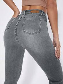 EURMUSE Quần denim ống loe cạp cao đơn sắc, thường ngày đa năng dành cho nữ, mùa hè - Xám - Xem 4