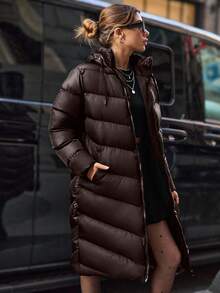 EURMUSE Hooded Double Pocket Puffer Winter Coat - Coffee Brown - View 5