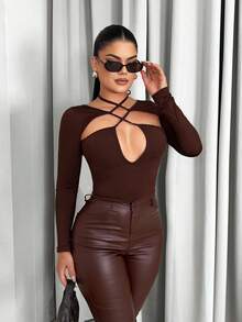 Sirith Women's Solid Color Criss-Cross Cutout Fitted T-Shirt Fall Cloth For Women - Brown - View 3