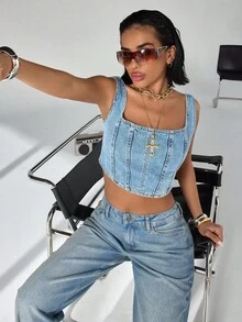 RueChic 99%Cotton Asymmetric Hem Denim Top - Light Wash - View 7