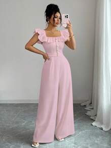 Elenzga Bộ đồ liền thân thắt lưng giả cổ vuông phối bèo nhún mới cho nữ, bộ đồ liền thân cạp cao thanh lịch, thoải mái khi đi làm hàng ngày - Hồng - Xem 7