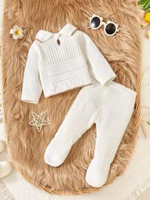 2 件套女婴针织毛衣和裤子套装，长袖，蝴蝶结装饰，象牙白，柔软面料，适合日常、户外、旅行、度假、居家、日托、儿童玩耍 - 白色 - 查看 2