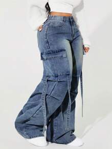 SHEIN ICON 大码女式工装口袋褶皱阔腿宽松休闲牛仔裤 - 霧霾藍 - 查看 2