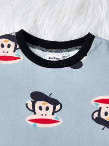 Paul Frank X SHEIN 青少年男孩卡通猴子印花圆领短袖上衣和松紧腰针织柔软弹力裤睡衣套装 - 淺灰色 - 查看 4