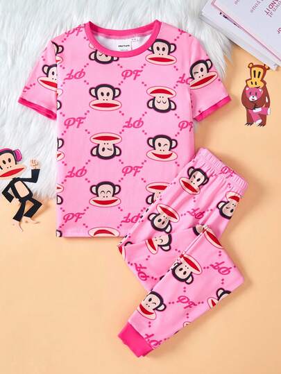 Paul Frank X SHEIN 2pcs Tween Girls' Cartoon Pattern Round Neck Raglan T-Shirt And Leggings Comfortable Stretchy Pajama Set