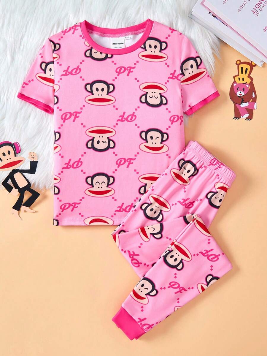 Paul Frank X SHEIN 2pcs Tween Girls' Cartoon Pattern Round Neck Raglan T-Shirt And Leggings Comfortable Stretchy Pajama Set - Hot Pink - View 1