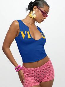 SUMWON WOMEN 缺口领口修身背心，金色字母短款，夏季节日俱乐部派对晚会休闲时尚设计，前开襟无袖 - 藏蓝色 - 查看 7