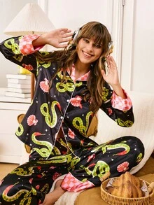 Chillnights Kontrastreiche Satin Damen Pyjama Set, Herbstkleidung