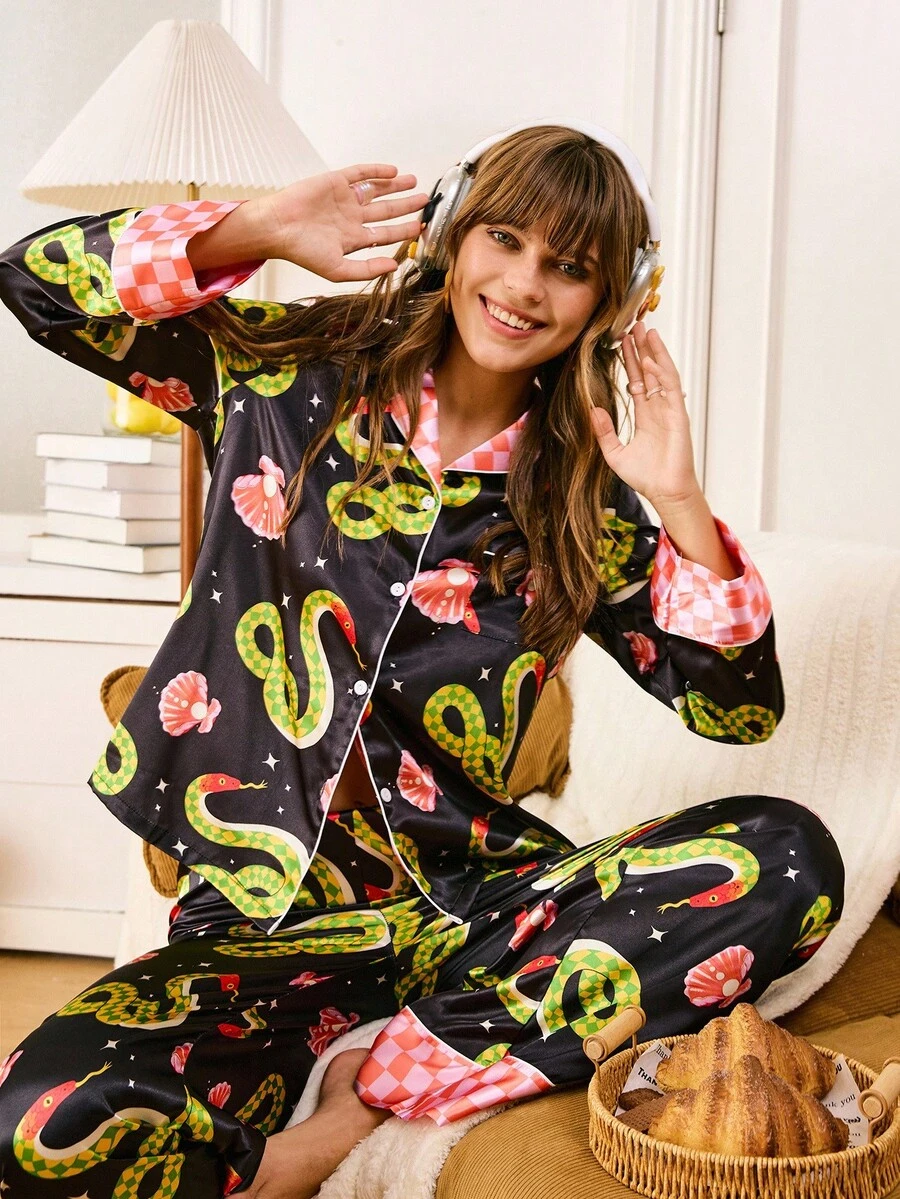 Chillnights Kontrastreiche Satin Damen Pyjama Set, Herbstkleidung