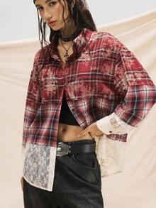 Easelle Damen Karohemd mit Kontrast-Spitze, Langarm, Knopfleiste, Lässig - Mokka-Braun - Übersicht 7