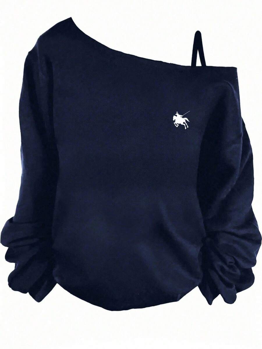 Girlism Navy Blue Off Shoulder Sweatshirt For Teen Girls With Asymmetrical Neckline Navy Blue Sweater Off The Shoulder Top Blue Sweater Navy Blue Top Girls Navy Top,In Fall/Winter