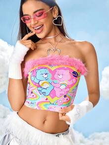 SHEIN X Care Bears 女款 Y2K 可爱小熊印花拼接蓬松修身短款抹胸，夏季 - 粉色 - 查看 1