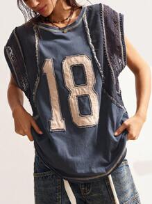 Bohemela Áo thun nữ cổ tròn dệt kim màu trơn in 18 miếng vá phong cách Boho Casual Vacation - màu đen - Xem 2