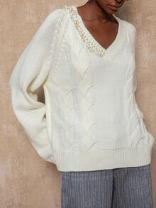 SHEIN Privé VITNOS Women's Elegant Beaded Faux Pearl Decor Pullover Cable Knit Sweater,Off-White Autumn Tea Party Holiday Vacation Chic Luxury French Elegance - Apricot - View 6