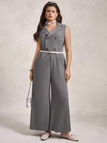 Zelara Plus Size Grey Solid Sleeveless Jumpsuit For Summer,Casual Bussines Semi Formal Work Clothes,Women Lapel Button Stretchy Homecoming Professional Sets - Grey - View 4