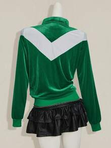 SHEIN ICON Women's Going Out Green Back To School Preppy Casual Colorblocked Patchwork Jacket, Spring/Autumn - Green - View 2