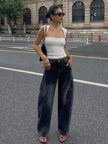 DAZY 宽松复古水洗阔腿休闲牛仔裤，美式工装风格 - 灰色 - 查看 3