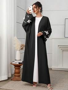 Yasmyna 女士优雅串珠蝴蝶结装饰阿拉伯长袍 - 黑色 - 查看 5