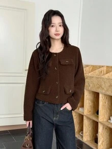 Teen Girls Casual Plush Short Jacket, Versatile For Autumn/Winter Fall - Brown - View 5