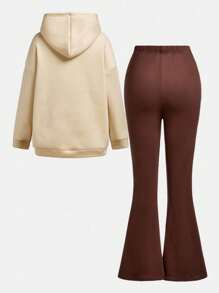 Sparklyn 2 件套少女秋季城市名称 3D 图案针织连帽衫和针织喇叭裤服装 - 杏色 - 查看 2