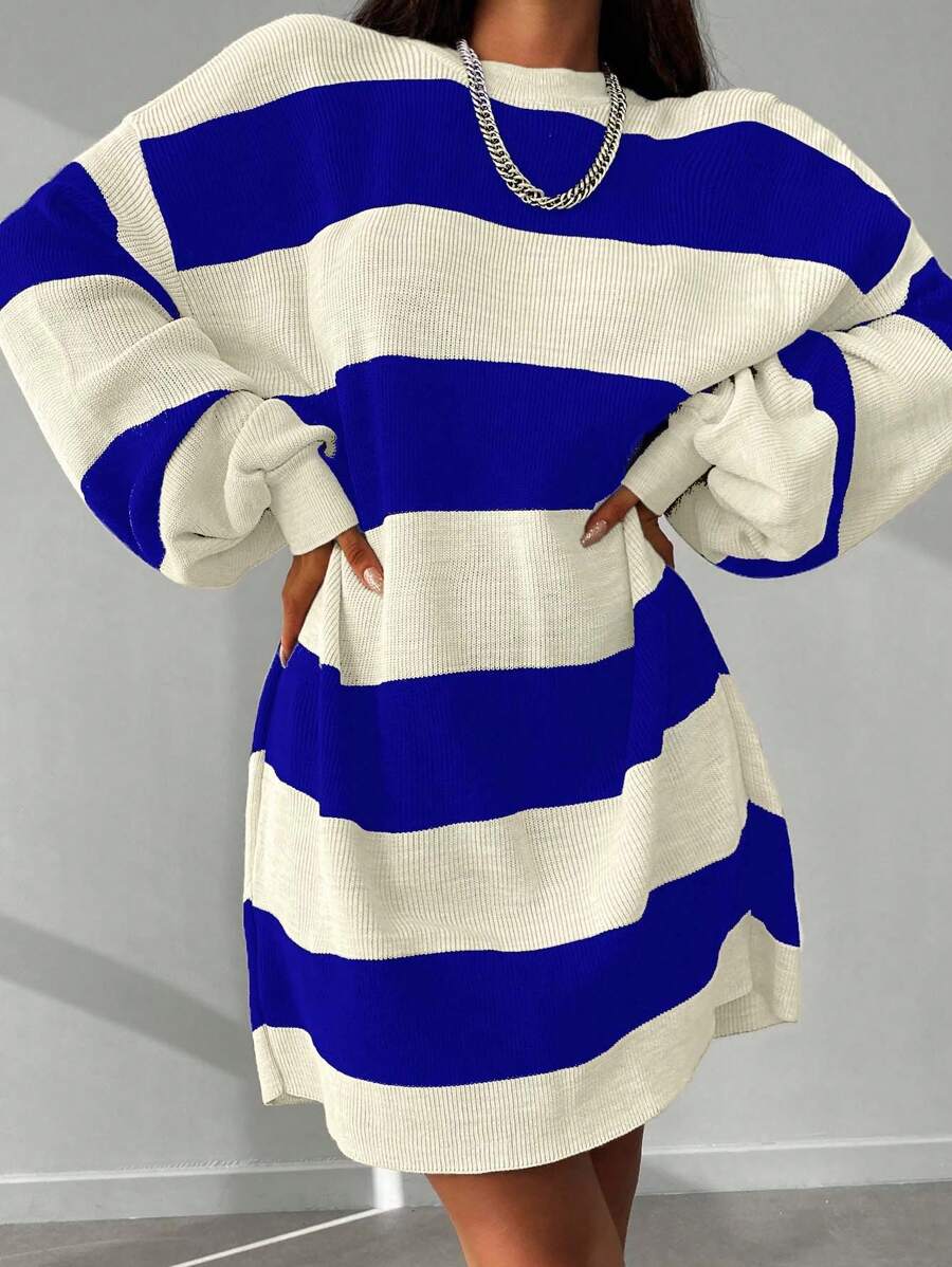 Cloudara Two Tone Drop Shoulder Sweater Dress - Blue - View 1