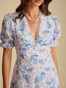 Enchnt Vestido midi elegante, romântico, azul, com decote em V, estampa floral, cintura marcada, manga curta, doce e elegante para férias, encontros, festas, formaturas, convidados de casamento e praia, vestido de baile, vestidos elegantes para festas - Azul - Ver 2