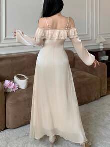 Modelyn Women's Glossy Fabric Double-Layer Asymmetric Neck Long Sleeve Dress, Autumn