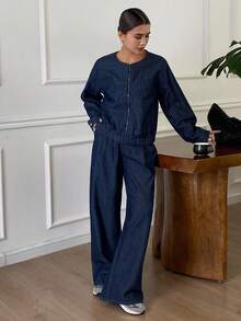 Livesso 2 piezas Conjunto de chaqueta y pantalones de mezclilla casual urbano para mujer, otoño/invierno - Azul - Ver 4