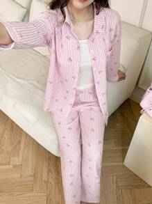 SHEIN Girls' Oversized Striped Butterfly Print 3-Piece Set - Loose Pocket Shirt + Vest + Wide Leg Pants, Casual Fashion Outfit Suitable For Outdoor, Sports, And School Wear