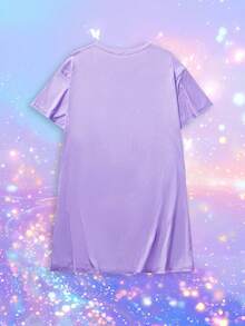SHEIN X Care Bears 加大码可爱卡通熊星星印花圆领短袖睡裙 - 紫色 - 查看 2