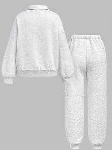 Girlism 2 件套青少年女孩灰色基本款半拉链连帽衫和抽绳运动裤、休闲运动服、家居服 - 淺灰色 - 查看 2