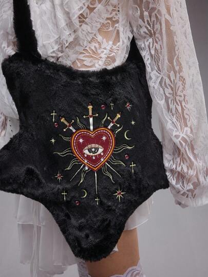 Grunge Punk Borsa a tracolla nera da donna in stile punk Y2K con decorazioni di cuore rosso con strass, stelle, lune, croci e spade