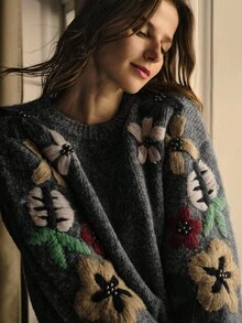 MOTF PREMIUM 刺绣花卉复古宽松针织套头衫 - 灰色 - 查看 2