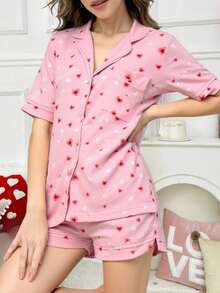 EURMUSE Bộ đồ ngủ mặc nhà cotton 2 mảnh màu tương phản chi tiết viền nút phía trước chi tiết áo sơ mi tay ngắn và quần short - Hồng - Xem 4