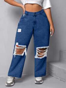 EURMUSE Plus Size Women High Waist Pockets Wide Leg Distressed Casual Jeans - Medium Wash - View 3