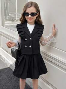 SHEIN 3pcs Young Girls Fashion White Mesh Long Sleeve Ribbed Undershirt,Sleeveless Pearl Button Jacket&Pleated Skirt Set,Comfortable Autumn/Winter Clothing - Black - View 3
