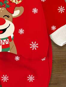 SHEIN 女婴圣诞节可爱卡通驯鹿和雪人印花，休闲宽松红色节日圆领柔软针织毛衣和裤子套装，适合秋冬季圣诞节 - 彩色 - 查看 5