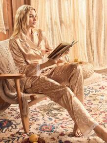 Lullawish Bohemian Lace Patchwork Satin Collar Casual Elegant Women Pajama Set, Fall Winter Clothes - Yellow - View 1