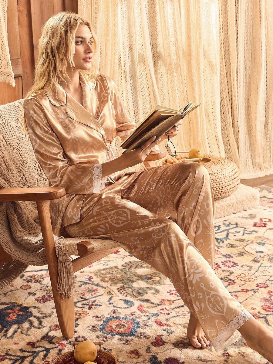 Lullawish Bohemian Lace Patchwork Satin Collar Casual Elegant Women Pajama Set, Fall Winter Clothes - Yellow - View 1